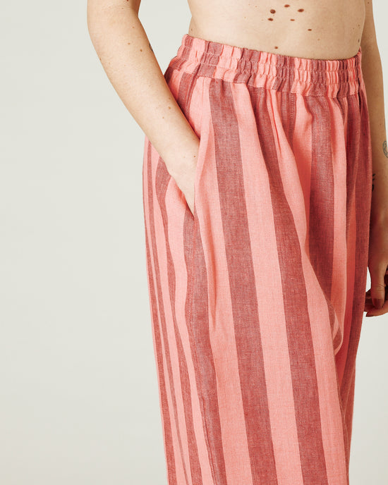 model wears blush stripe mabel trousers