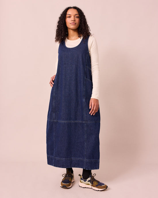 model wears naima dark blue denim dress