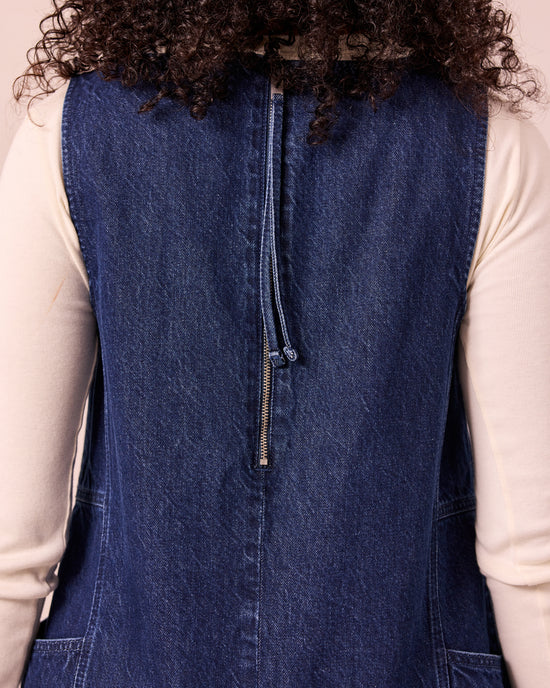 model wears naima dark blue denim dress