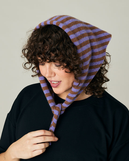 model wears lavender and hazelnut stripe knitted neckerchief