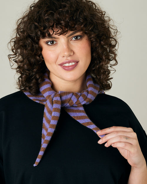 model wears lavender and hazelnut stripe knitted neckerchief