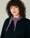 model wears lavender and hazelnut stripe knitted neckerchief