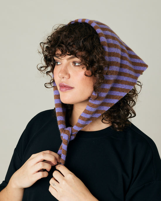 model wears lavender and hazelnut stripe knitted neckerchief