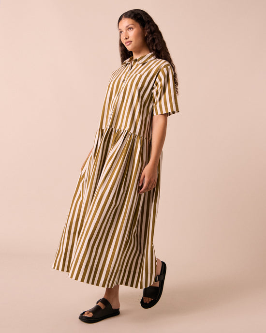 model wears nicky dune stripe cotton dress