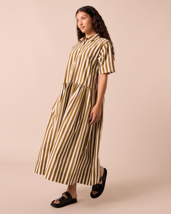 model wears nicky dune stripe cotton dress