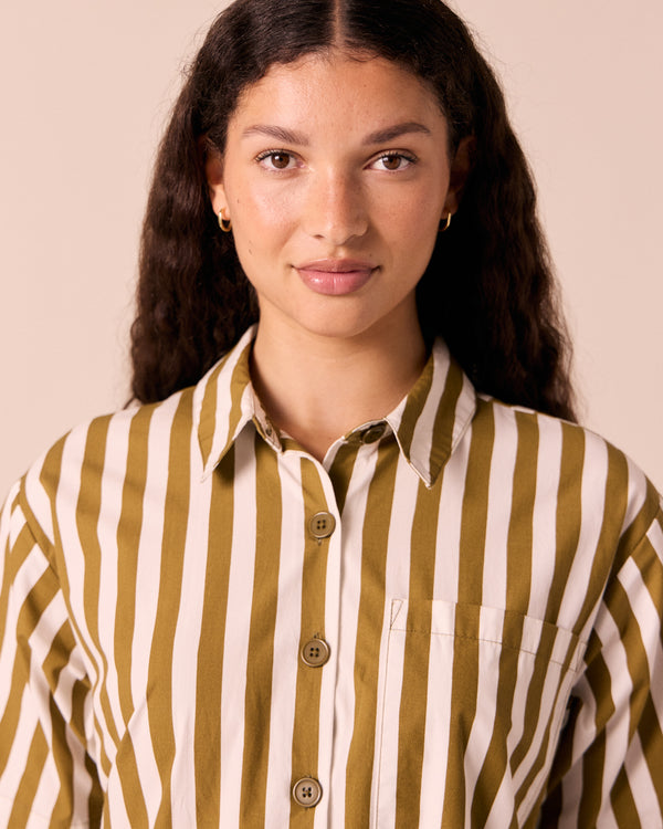 model wears nicky dune stripe cotton dress