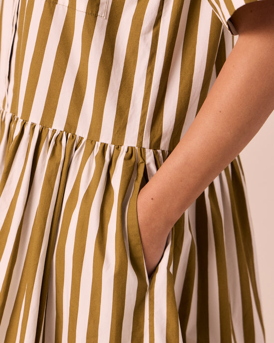 model wears nicky dune stripe cotton dress
