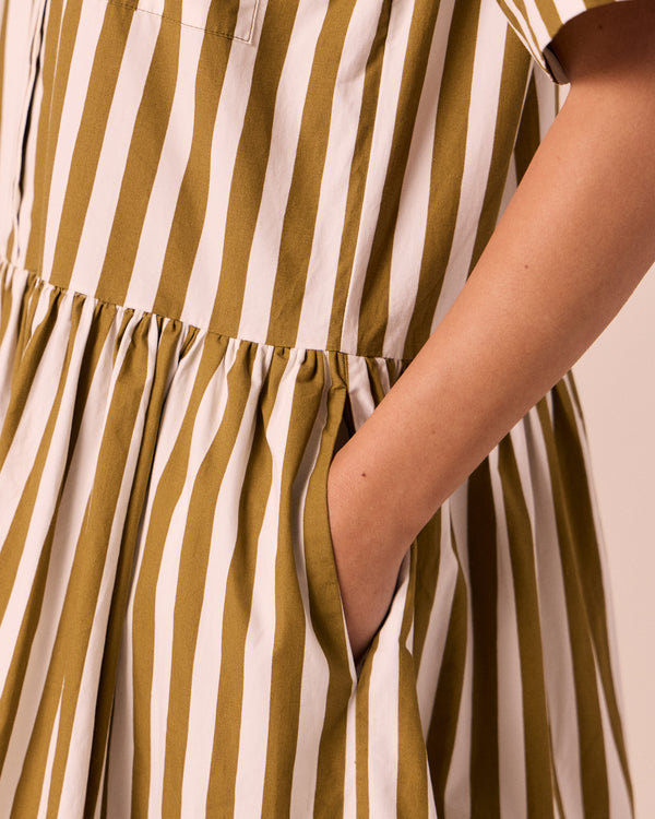 model wears nicky dune stripe cotton dress