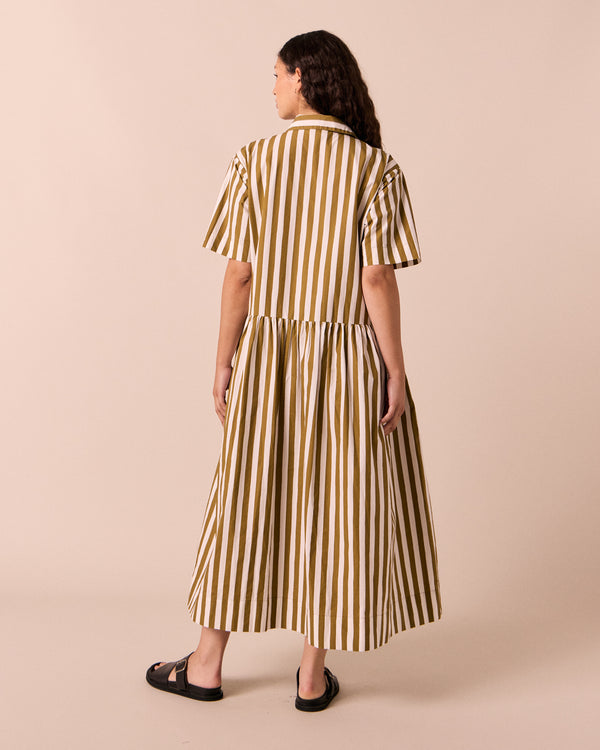 model wears nicky dune stripe cotton dress