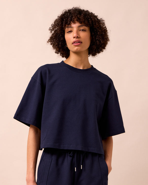 model wears nicole ink jersey top