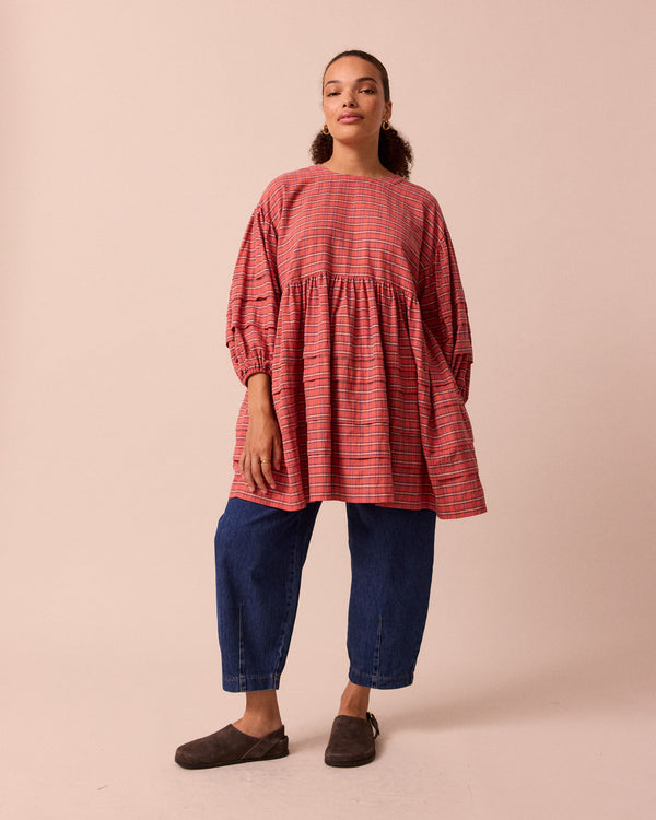 model wears nina washed tartan plaid cotton linen dress