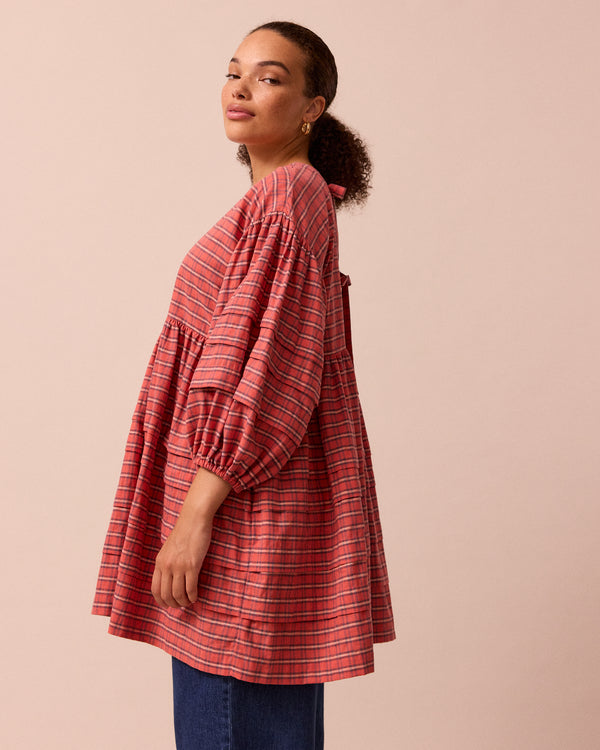 model wears nina washed tartan plaid cotton linen dress
