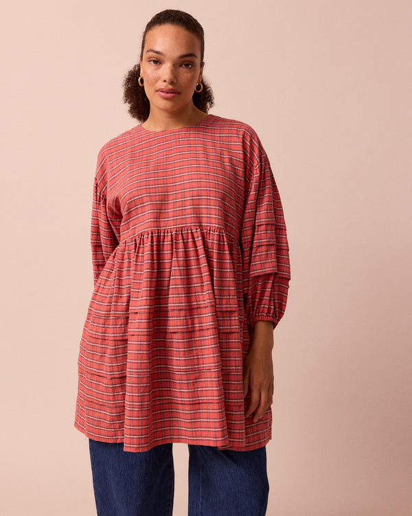 model wears nina washed tartan plaid cotton linen dress