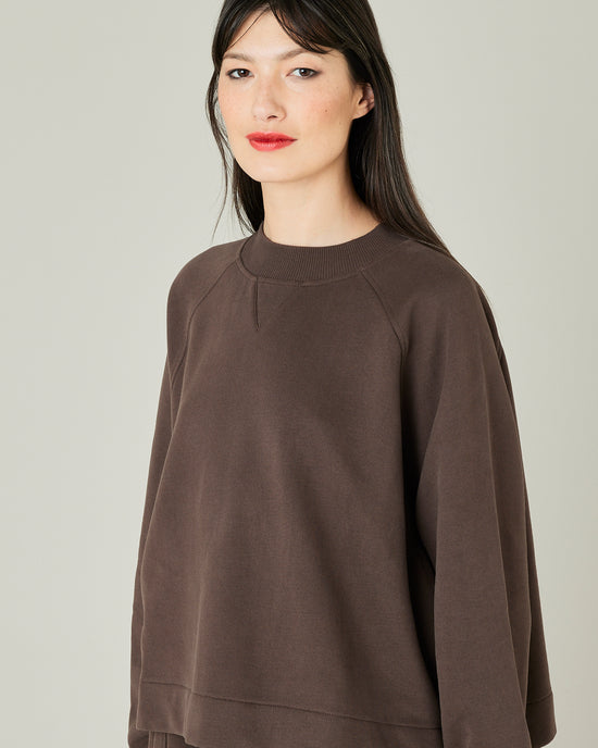 model wears chocolate jersey noa jumper