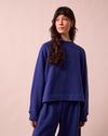 model wears noa french blue fleeceback jersey jumper