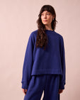 model wears noa french blue fleeceback jersey jumper