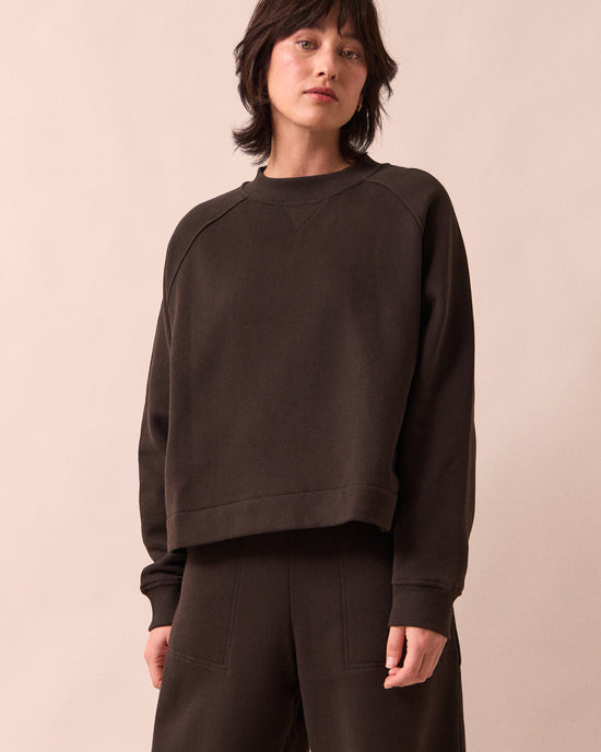 model wears noa ganache fleeceback jersey jumper