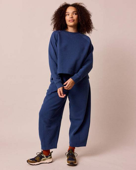 model wears noa french navy fleeceback jersey jumper