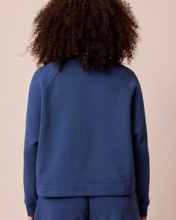 model wears noa french navy fleeceback jersey jumper