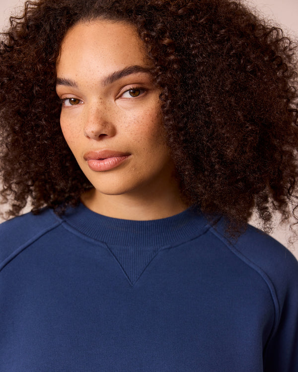 model wears noa french navy fleeceback jersey jumper