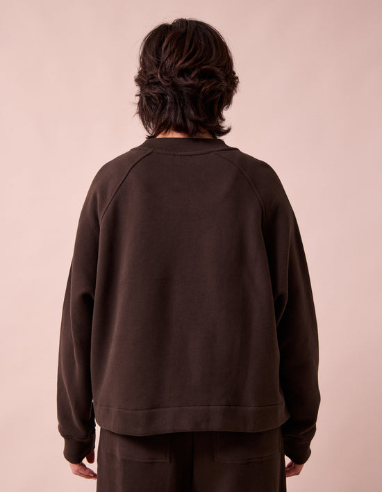 model wears noa ganache fleeceback jersey jumper