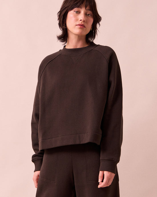 model wears noa ganache fleeceback jersey jumper