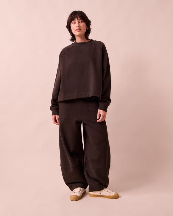 model wears noa ganache fleeceback jersey jumper