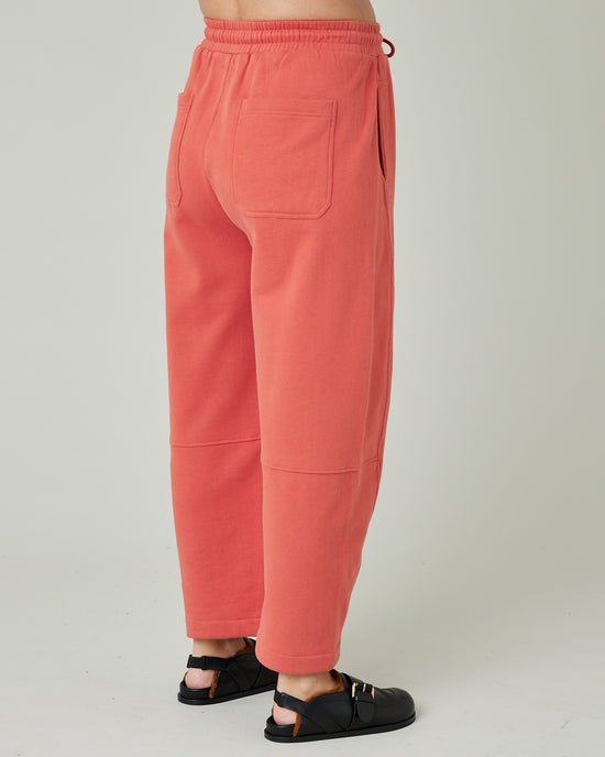 pregnant model wears terracotta jersey madi trousers