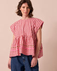 model wears nola neopolitan check textured cotton top
