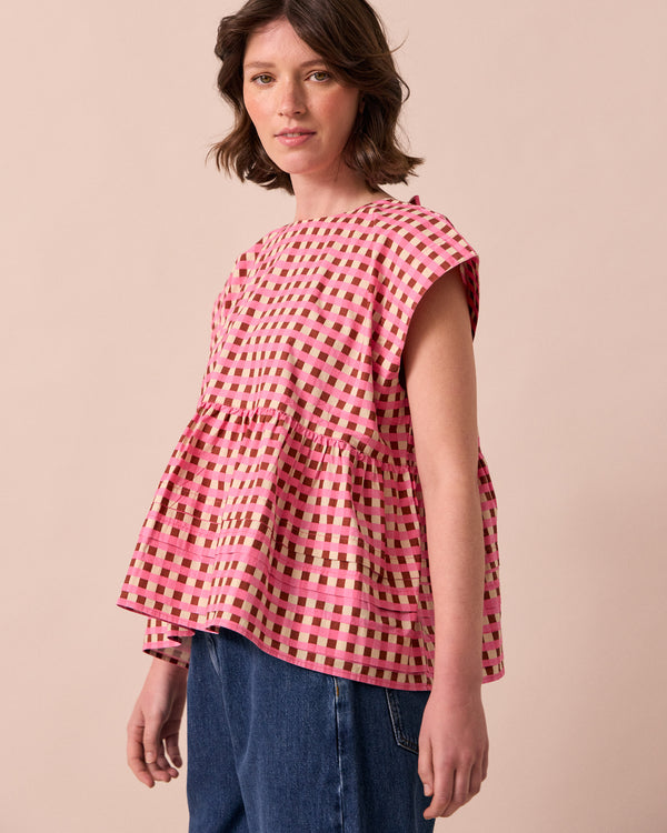 model wears nola neopolitan check textured cotton top