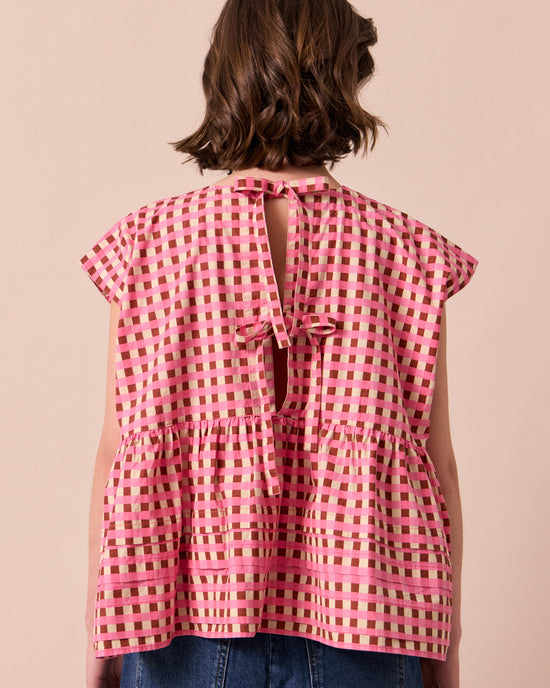 model wears nola neopolitan check textured cotton top