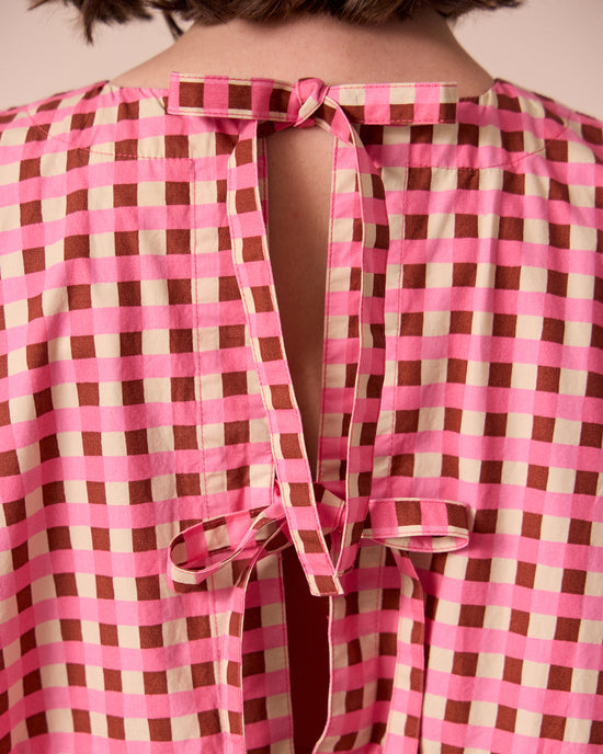 model wears nola neopolitan check textured cotton top