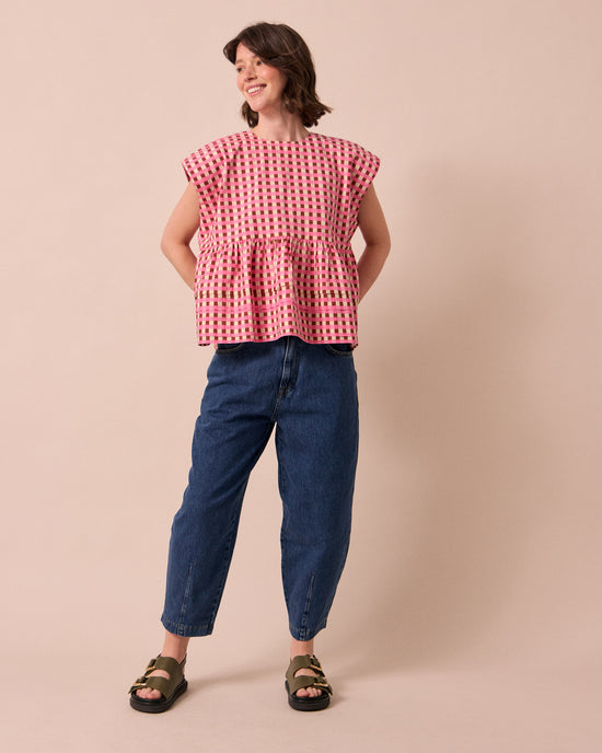 model wears nola neopolitan check textured cotton top