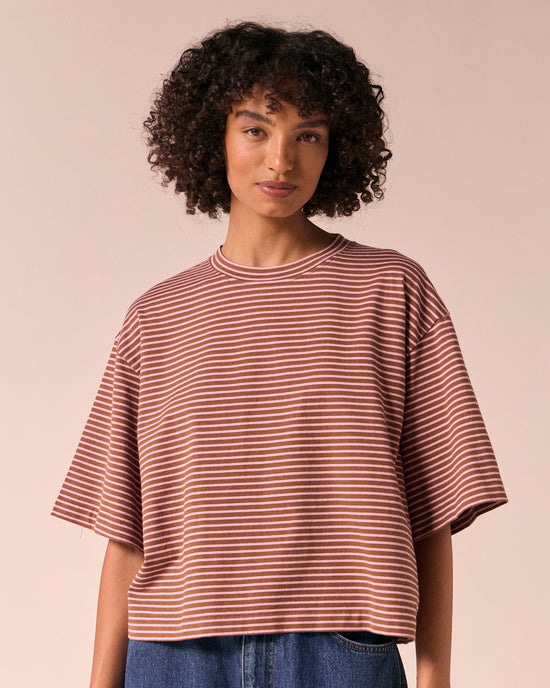 model wears nova toffee and rose pink stripe jersey top