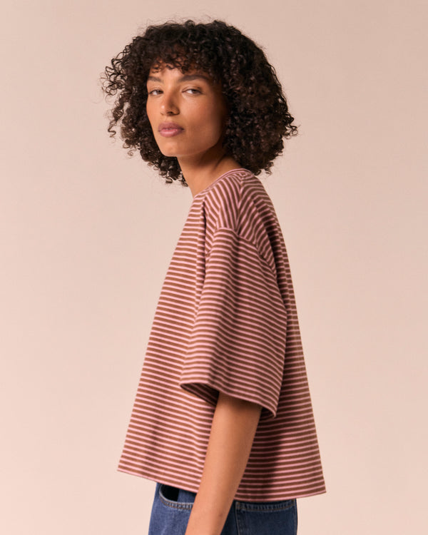 model wears nova toffee and rose pink stripe jersey top