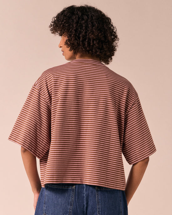 model wears nova toffee and rose pink stripe jersey top