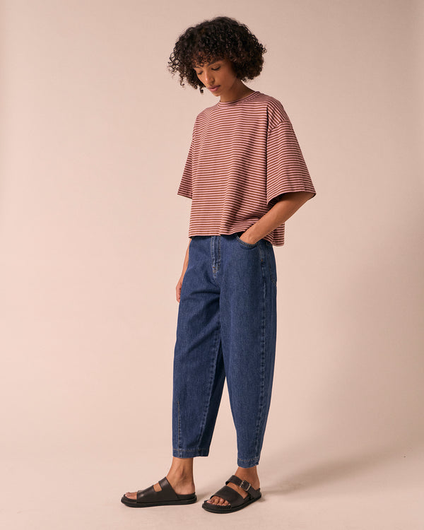 model wears nova toffee and rose pink stripe jersey top