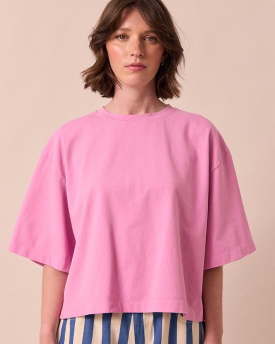 model wears nova washed pink jersey top