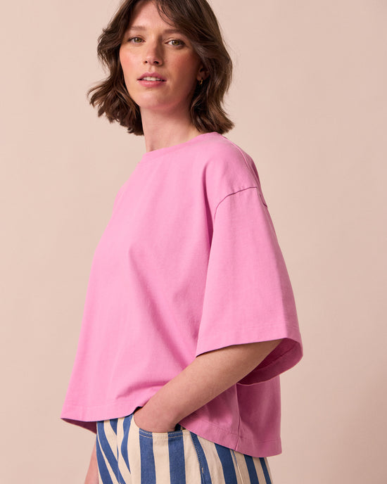 model wears nova washed pink jersey top