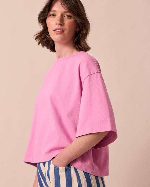 model wears nova washed pink jersey top