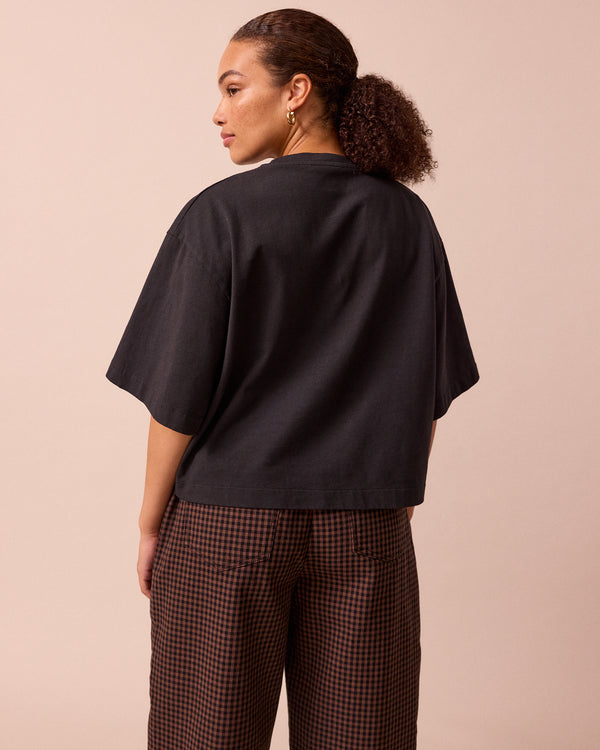 model wears nova black jersey top