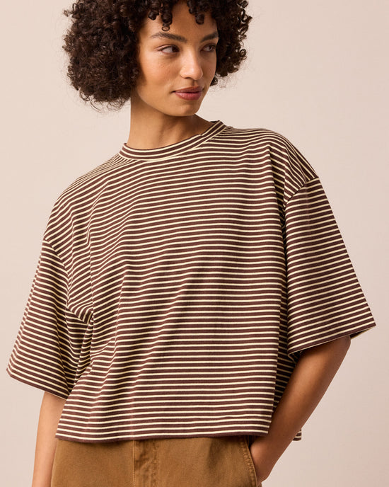 model wears nova brown and butter stripe jersey top