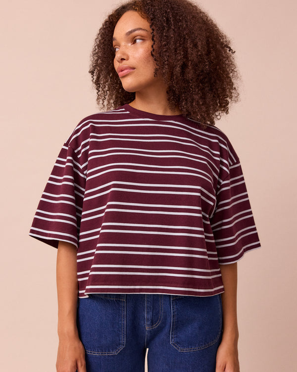 model wears nova burgundy and sky stripe jersey top