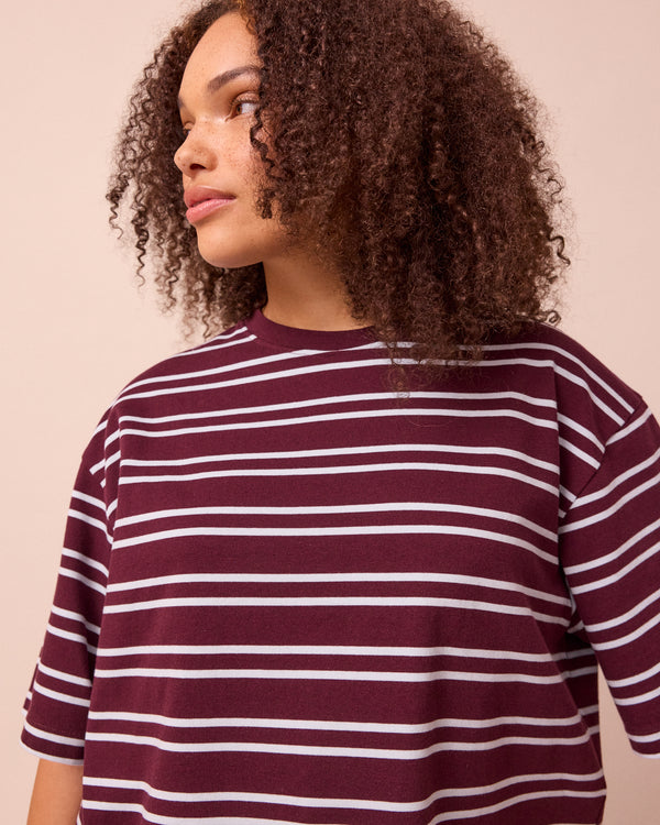 model wears nova burgundy and sky stripe jersey top