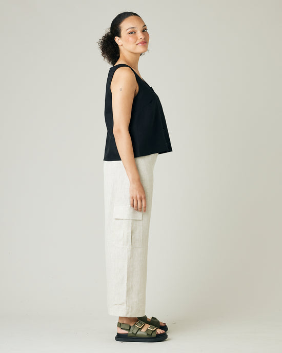 model wears natural linen orla trousers