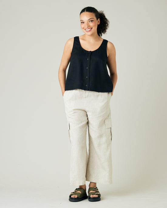 model wears natural linen orla trousers