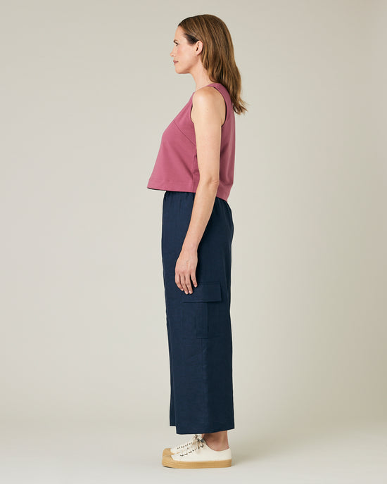 model wears navy linen orla trousers