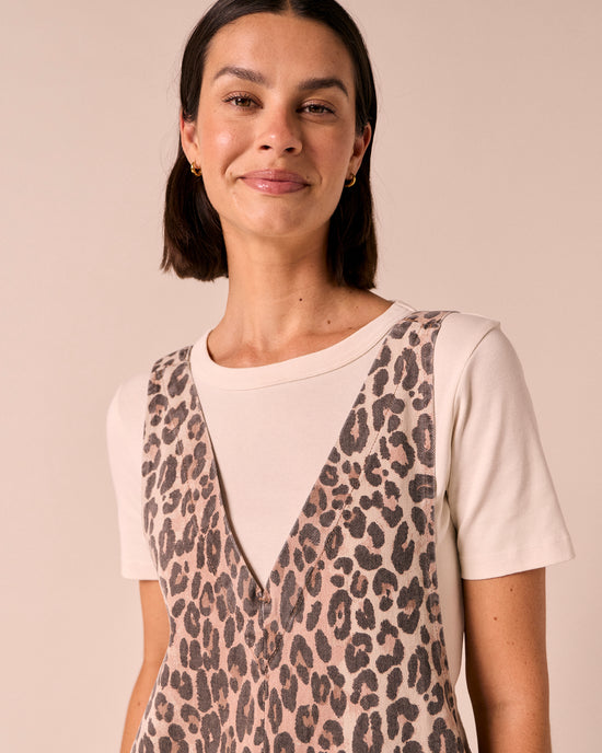 model wears ottie leopard print denim jumpsuit