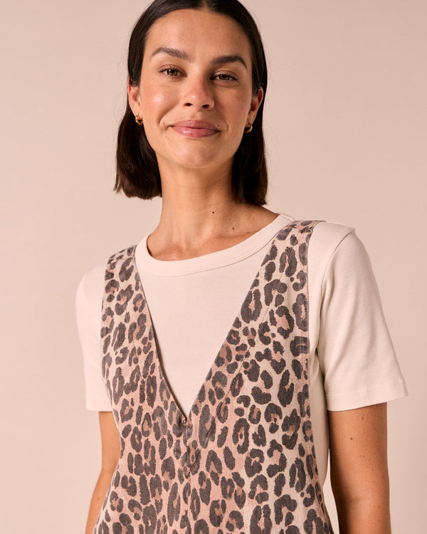 model wears ottie leopard print denim jumpsuit