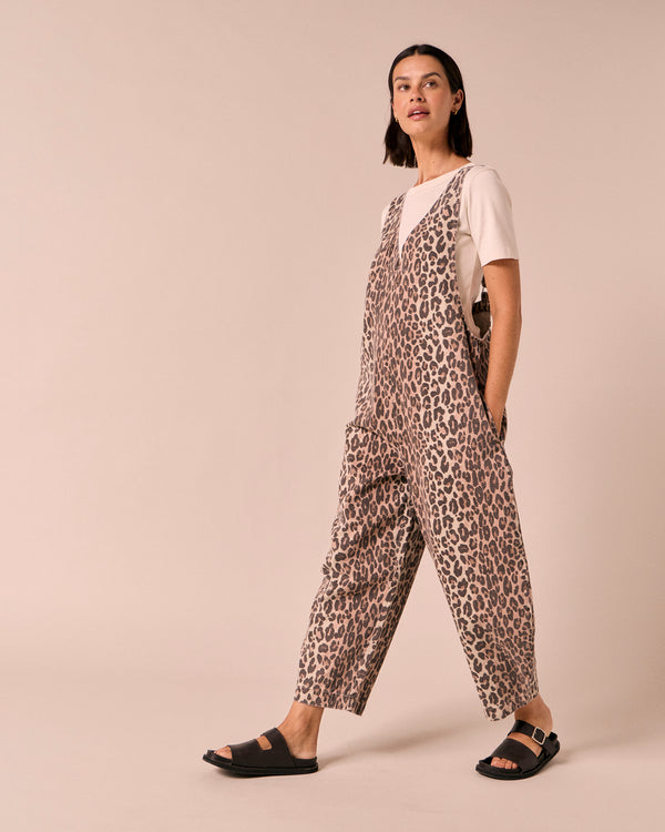 model wears ottie leopard print denim jumpsuit